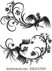 Vector Japanese ornamental cock gorgeous designs with floral elements and swirls. Typical for Asian cultural tradition. Extremely clean vector lines, vinyl and laser ready.