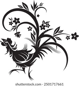 Vector Japanese ornamental cock gorgeous design with floral elements and swirls. Typical for Asian cultural tradition. Extremely clean vector lines, vinyl and laser ready.