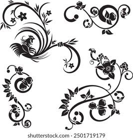 Vector Japanese ornamental cock gorgeous design with floral decorative elements and swirls. Typical for Asian cultural tradition. Extremely clean vector lines, vinyl and laser ready.