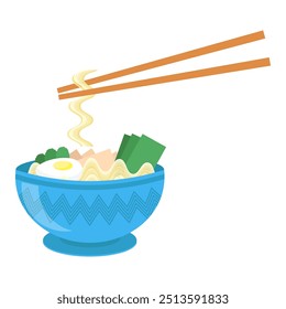 Vector japanese ramen soup. Asian food en blue plate. Noodles bowl. Oriental cuisine.