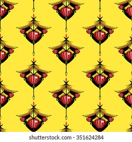 Vector japanese red lanterns and yellow roof on yellow background. Seamless pattern can be used for wallpaper, pattern fills, web page background,surface textures.