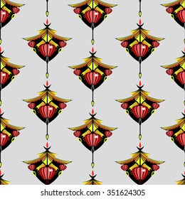 Vector japanese red lanterns and yellow roof on grey background. Seamless pattern can be used for wallpaper, pattern fills, web page background,surface textures.