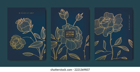 Vector japanese roses, flowers with leaves patterns. Floral golden elements template in vintage style. Luxury black line covers, flyers, brochures, packaging design, social media post, banners.