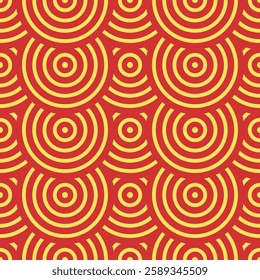Vector Japanese seamless pattern in oriental geometric traditional style. Festive ornament for lunar chinese new year decoration. Red and golden asian creative motif. Abstract Waves and Circles.