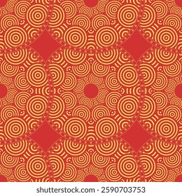 Vector Japanese seamless pattern in oriental geometric traditional style. Festive ornament for lunar chinese new year decoration. Red and golden asian creative motif. Abstract Waves and Circles.