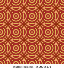 Vector Japanese seamless pattern in oriental geometric traditional style. Festive ornament for lunar chinese new year decoration. Red and golden asian creative motif. Abstract Waves and Circles.