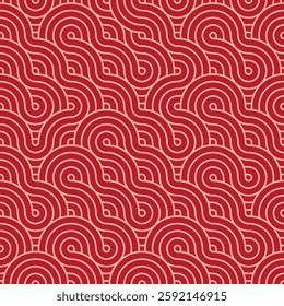 Vector Japanese seamless pattern in oriental geometric traditional style. Festive ornament for lunar chinese new year decoration. Red and golden asian creative motif. Abstract Waves and Circles.