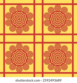 Vector Japanese seamless pattern in oriental geometric traditional style. Festive ornament for lunar chinese new year decoration. Red and golden asian creative motif. Abstract Waves and Circles.