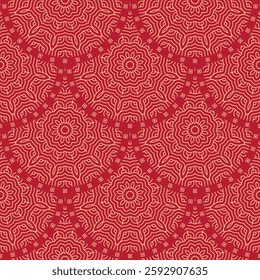 Vector Japanese seamless pattern in oriental geometric traditional style. Festive ornament for lunar chinese new year decoration. Red and golden asian creative motif. Abstract Waves and Circles.