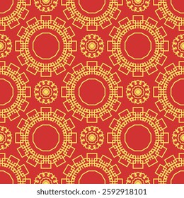 Vector Japanese seamless pattern in oriental geometric traditional style. Festive ornament for lunar chinese new year decoration. Red and golden asian creative motif. Abstract Waves and Circles.