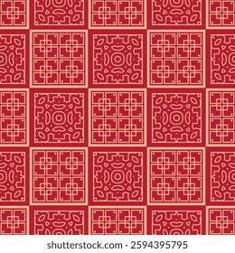 Vector Japanese seamless pattern in oriental geometric traditional style. Festive ornament for lunar chinese new year decoration. Red and golden asian creative motif. Abstract Squares.