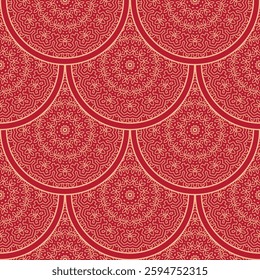 Vector Japanese seamless pattern in oriental geometric traditional style. Festive ornament for lunar chinese new year decoration. Red and golden asian creative motif. Abstract Waves and Circles.