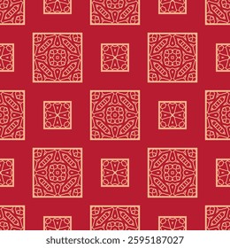 Vector Japanese seamless pattern in oriental geometric traditional style. Festive ornament for lunar chinese new year decoration. Red and golden asian creative motif. Abstract Squares.