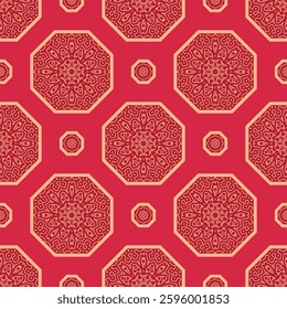 Vector Japanese seamless pattern in oriental geometric traditional style. Festive ornament for lunar chinese new year decoration. Red and golden asian creative motif. Abstract Squares.