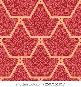 Vector Japanese seamless pattern in oriental geometric traditional style. Festive ornament for lunar chinese new year decoration. Red and golden asian creative motif. Abstract Hexagons.