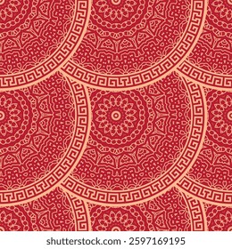 Vector Japanese seamless pattern in oriental geometric traditional style. Festive ornament for lunar chinese new year decoration. Red and golden asian creative motif. Abstract Waves and Circles.