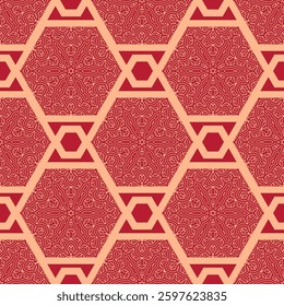 Vector Japanese seamless pattern in oriental geometric traditional style. Festive ornament for lunar chinese new year decoration. Red and golden asian creative motif. Abstract Hexagons.