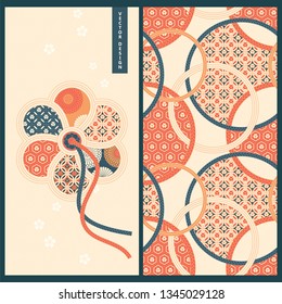 vector japanese set with card design and traditional colorful japanese pattern. design for wrapping, package, print