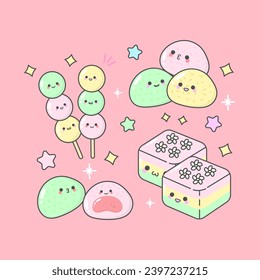 Vector Japanese Snack Mochi Dango Pudding with cute facial expressions and pastel colour