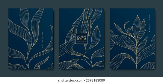 Vector japanese style floral covers, luxury golden patterns with leaves. Elegant package, wedding, birthday, beauty products templates. Line hand drawn texture