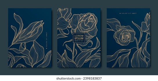 Vector japanese style floral covers, luxury golden patterns with leaves and roses. Elegant package, wedding, birthday, beauty products templates. Line hand drawn texture