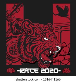 Vektor-japanisches Tigermuster-Shirt mit Rennmaschine