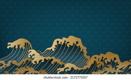 Vector Japanese style waves. Big rushing sea or ocean waves designed with gold