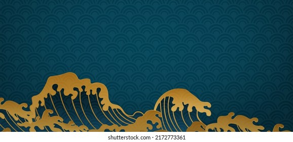 Vector Japanese style waves. Big rushing sea or ocean waves designed with gold