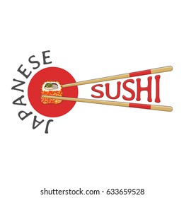 Vector japanese sushi bar logo. Logotype with roll and two chopsticks