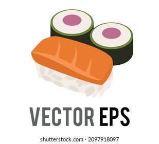 The vector Japanese sushi food icon, piece of raw pinkish orange fish, as salmon and tuna rolls