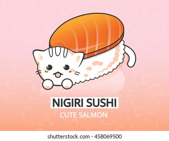 Vector japanese sushi illustration. Salmon kitty nigiri cartoon character. Beautiful and tasty print for menu, t-shirt. Cute food design.