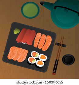 a vector of Japanese sushi set wit green tea