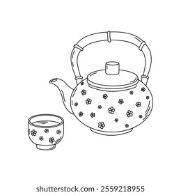 Vector Japanese tea set, cup and teapot with floral ornament on white background. Hand drawn set of illustrations