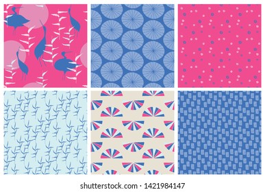 Vector Japanese traditional surface design. Set of hand drawn seamless patterns in blue and pink colours. Florals and abstract illustrations. For fabric prints, textile, wrapping paper.