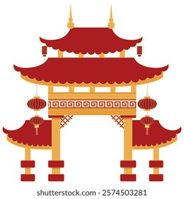 Vector Сhinese and Japanese Traditional temple with hanging paper lanterns, columns and vintage Chinese ornaments. Simple Сhinese temple silhouette for decoration