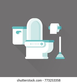 vector japanese washlet / toilet bowl, seat with paper roll and plunger / flat, isolated, sign and icon template