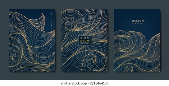 Vector japanese wave patterns with abstract art background. Water surface and ocean elements template in vintage style. Luxury black line covers, flyers, brochures