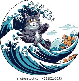 vector Japanese wave surfing cat isolated on a white background