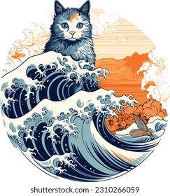 vector Japanese wave surfing cat isolated on a white background