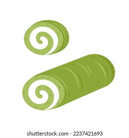 Vector japanese whole matcha roll cake and slice with white cream filling. Japanese dessert. Asian food.