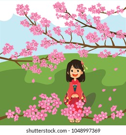 vector japanese woman dressing kimono looking cherry blossom branch, park background