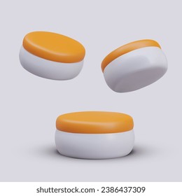 Vector jar of cream, mockup. Front, top, bottom view. Place for inscription, logo on orange lid, side of can. Advertising template, illustrations for cosmetic website, application