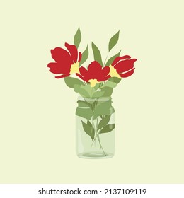 Vector Jar with Red Flowers and Leaves on light green background
