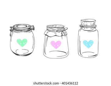 Vector jars with color hearts collection. Doodle print