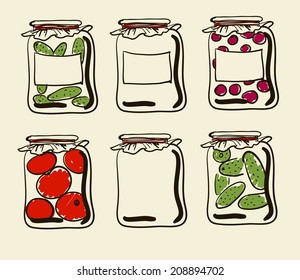 vector Jars with preserves homemade vegetables and jam.