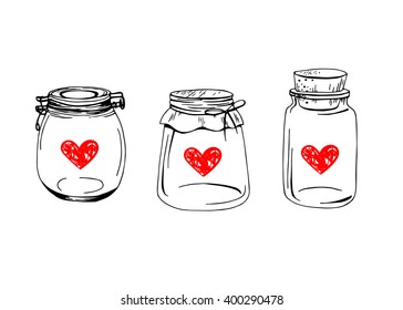 Vector jars with red hearts collection. Doodle print