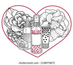 vector jars of sprays and cream cosmetics black and white on a background of graceful camellia flowers, behind a stylish red heart