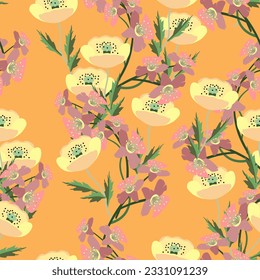 Vector - jasmin twigs with poppies flowers seamless pattern, floral illustration.