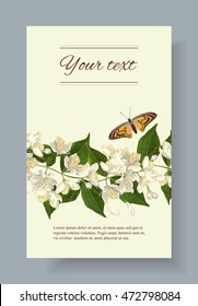 Vector jasmine flowers banner. Design for herbal tea, natural cosmetics, beauty store, organic health care products, perfume, essential oil, homeopathy, aromatherapy. With place for text