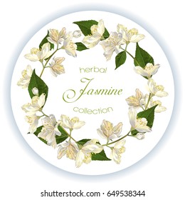 Vector jasmine flowers wreath on white round background.